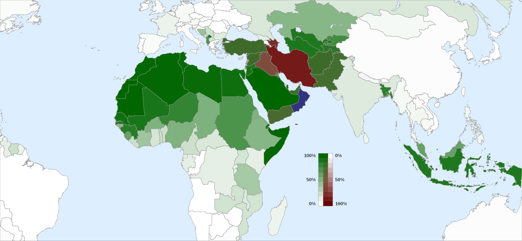 Με πράσινο χρώμα είναι οι χώρες των Σουνιτών και με κόκκινο οι χώρες που κυριαρχούν οι Σιίτες