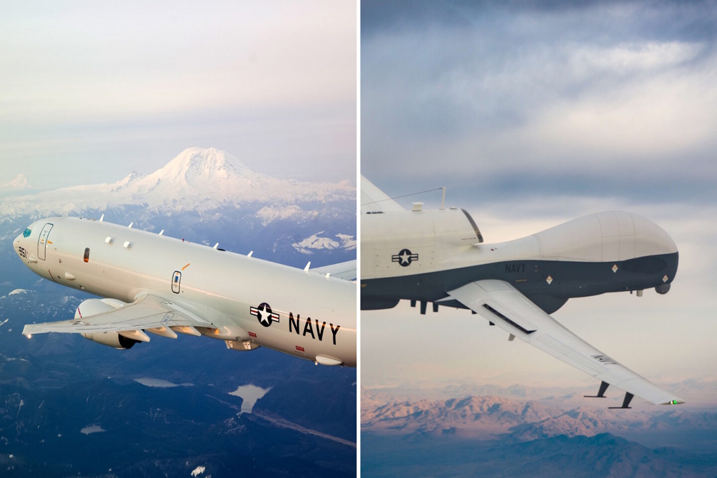 Στα αριστερά ένα P-8 Poseidon και στα δεξιά ένα MQ-4C Triton