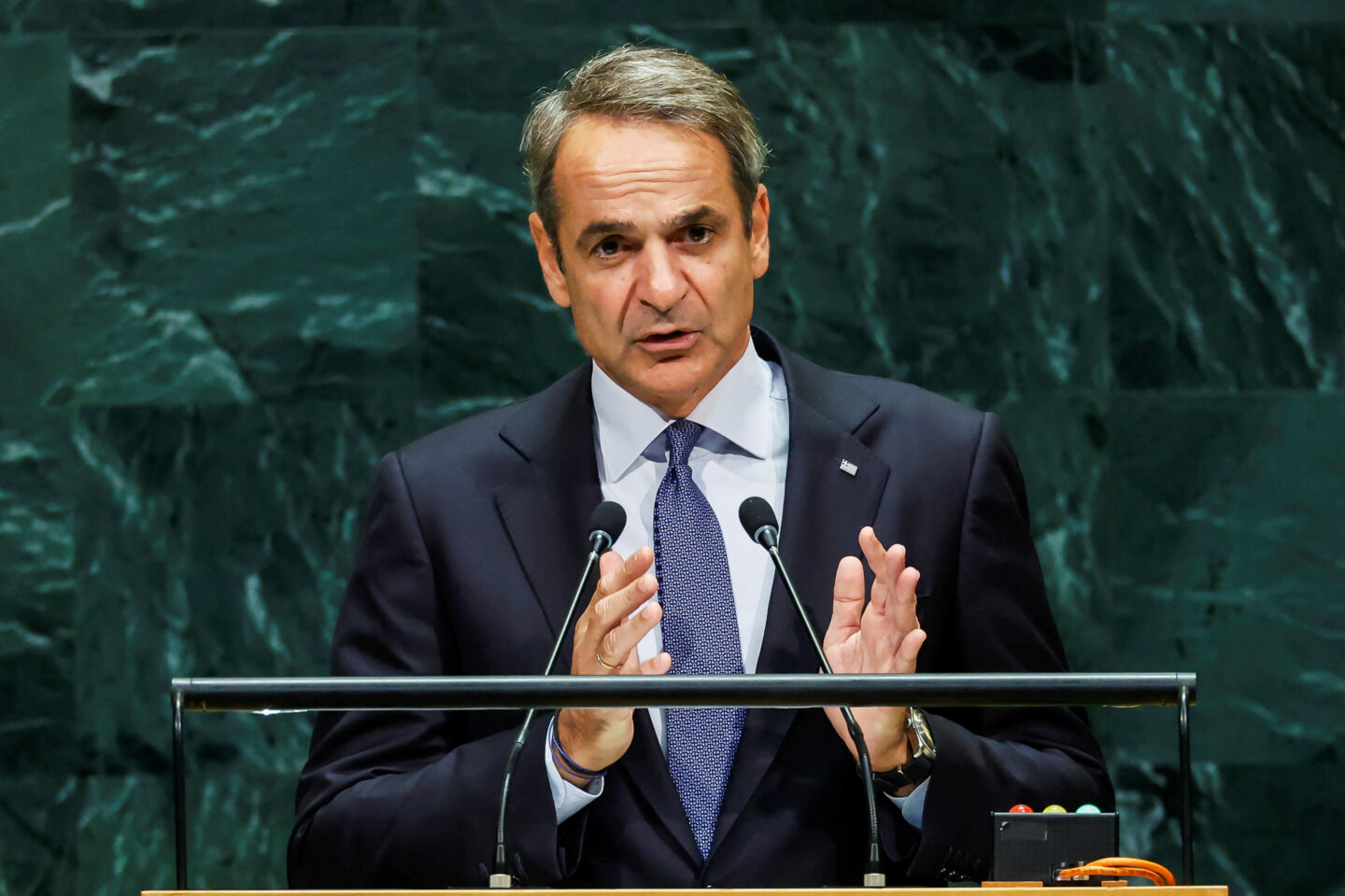Ο πρωθυπουργός Κυριάκος Μητσοτάκης στο βήμα της ΓΣ του ΟΗΕ / REUTERS/Eduardo Munoz