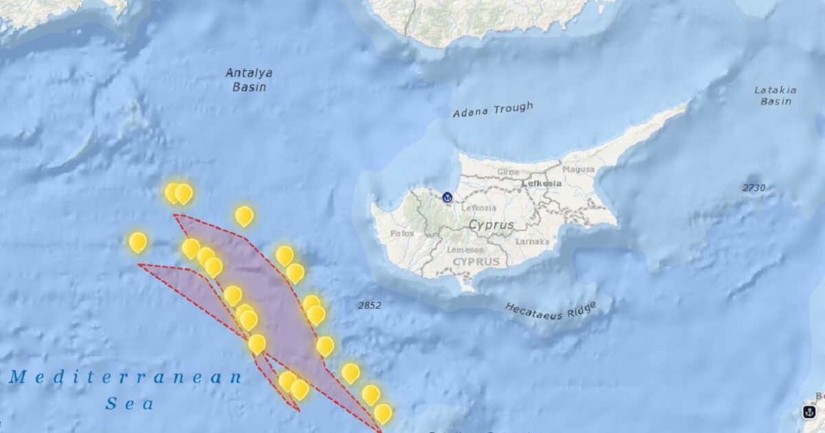 Map of the Mediterranean Sea showing Cyprus and highlighted maritime zones
