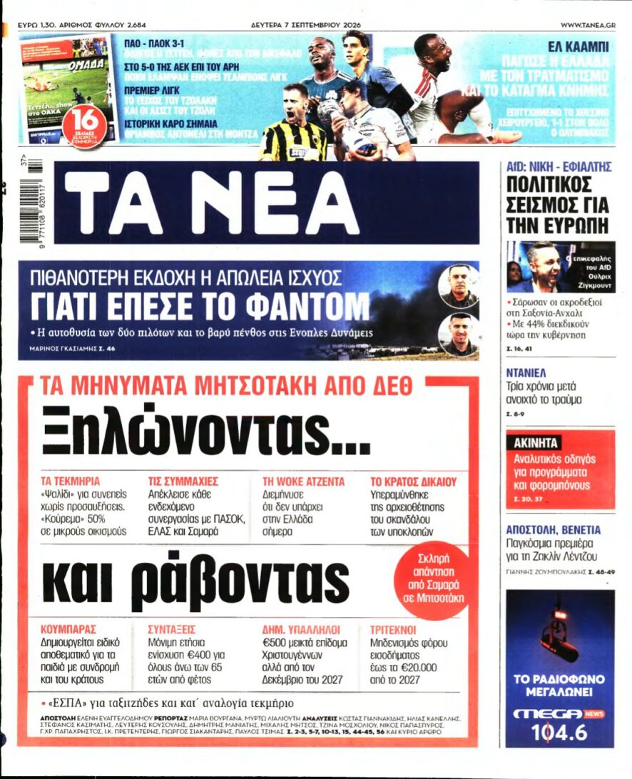 ΤΑ ΝΕΑ – 07/09/2026 εξώφυλλο