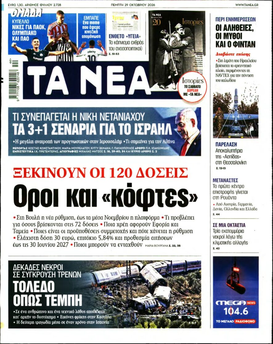 ΤΑ ΝΕΑ – 29/10/2026 εξώφυλλο